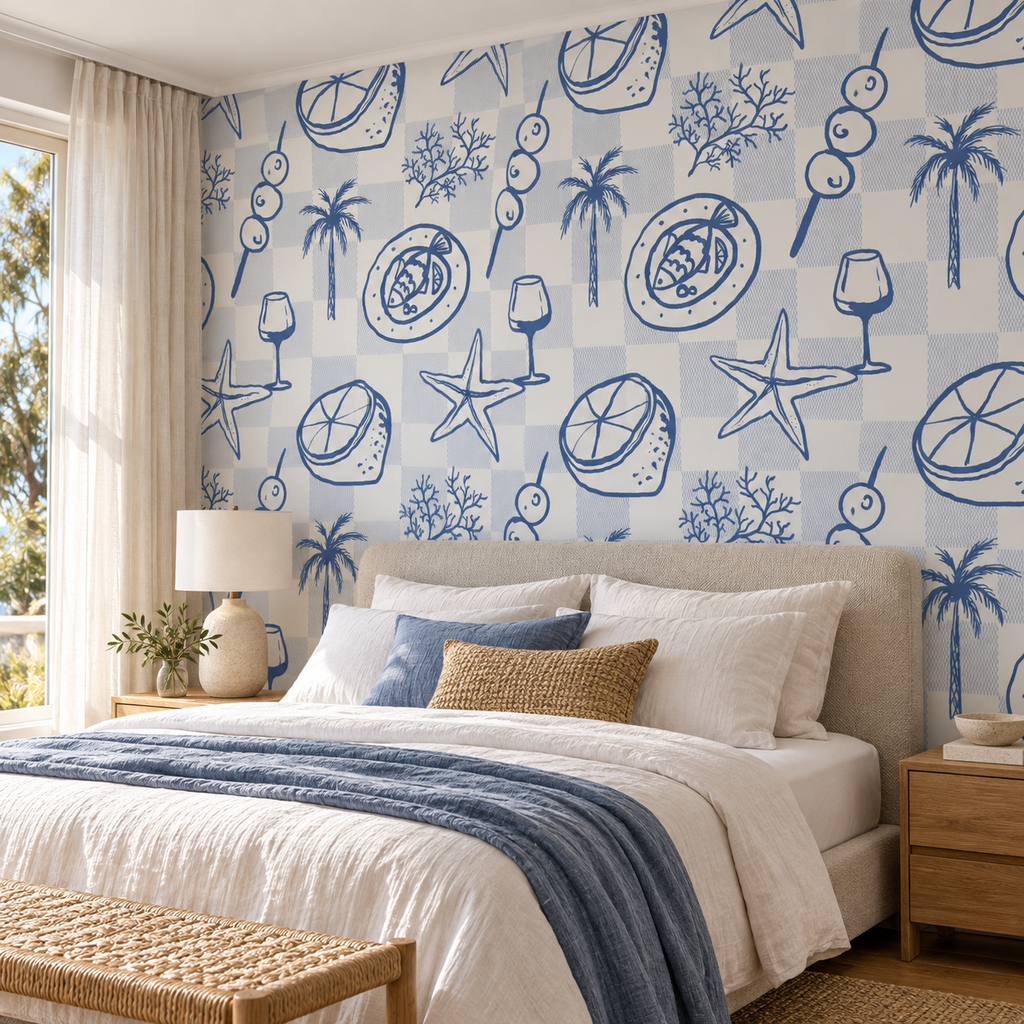 Seaside Picnic, peel and stick wallpaper styled on a feature wall