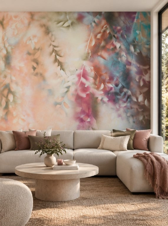 Serenity mural by De-Anne Strange, peel and stick wallpaper styled in a living room