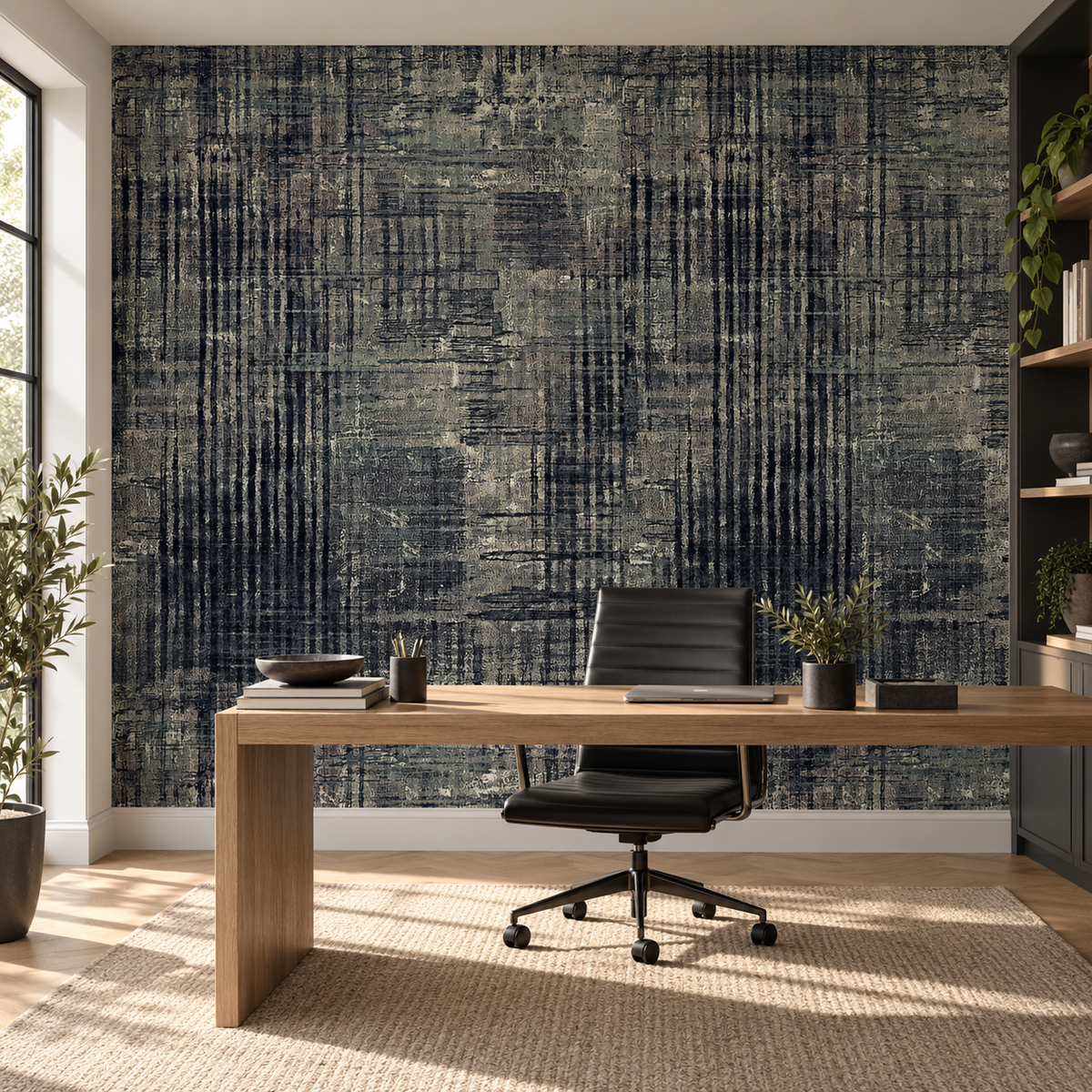 Shadow Grid, peel and stick wallpaper styled on a feature wall