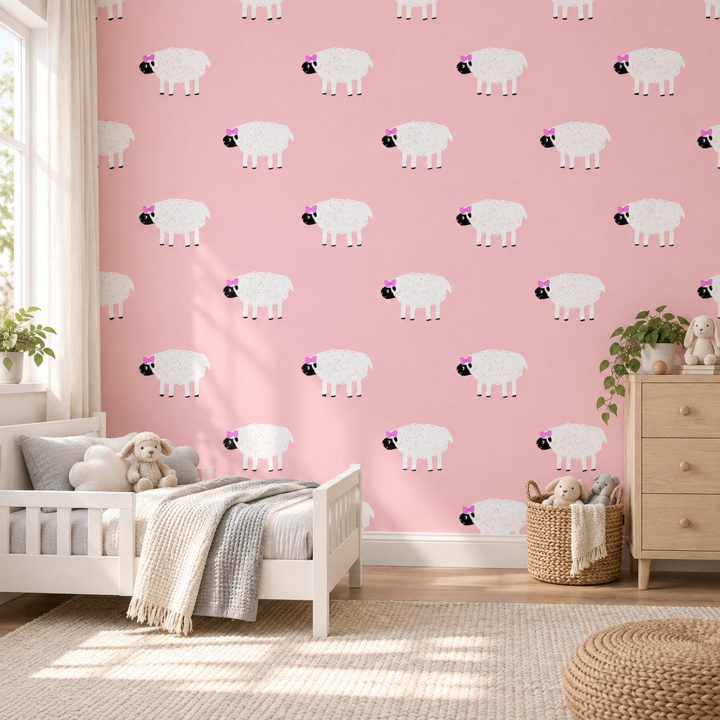 Sheep Parade peel and stick wallpaper styled on a feature wall