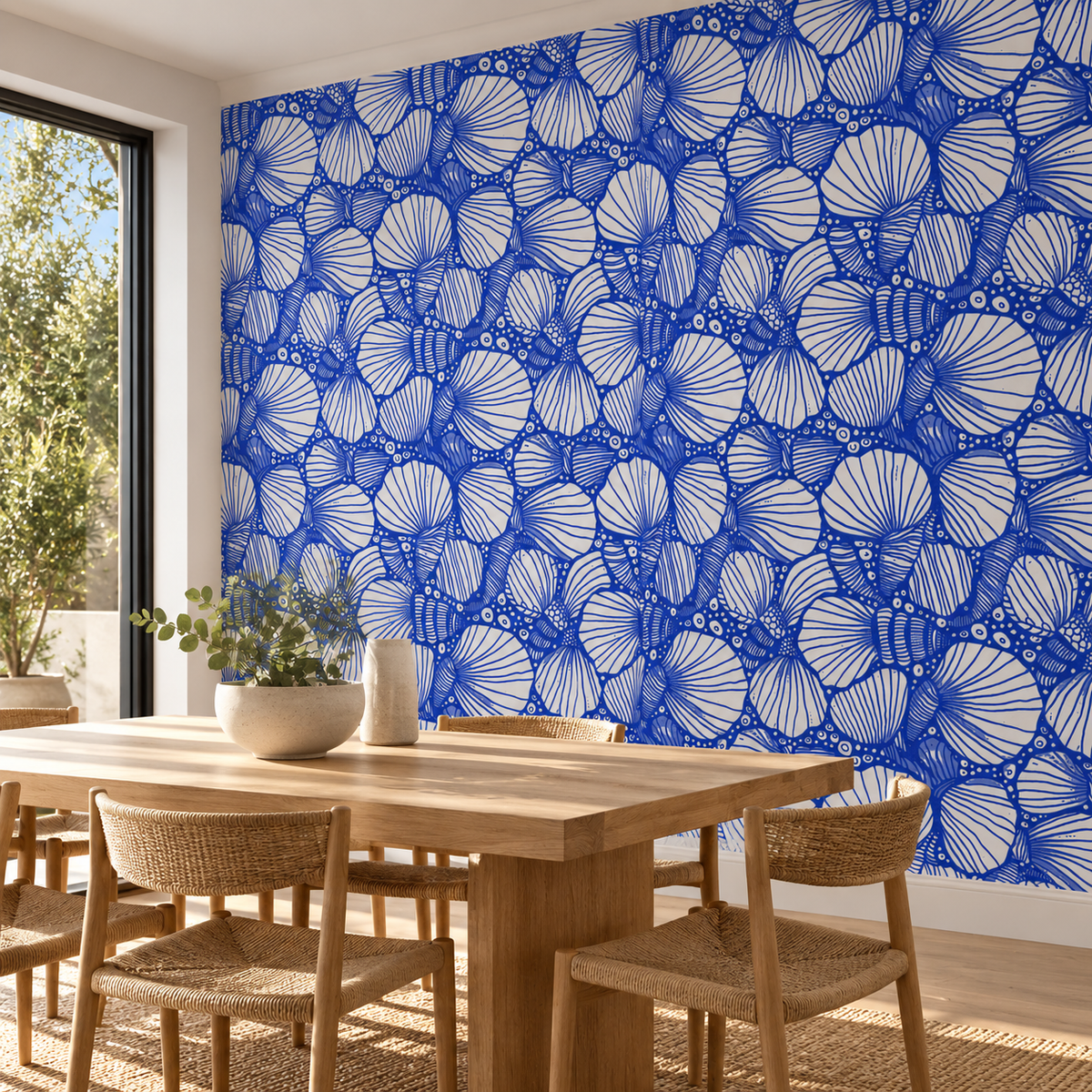 Shell Mosaic, peel and stick wallpaper styled on a feature wall