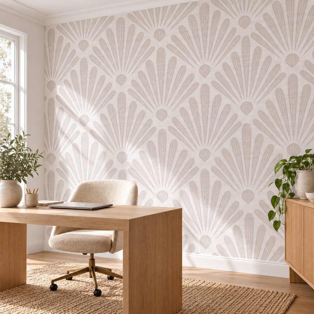 Shell Radiance, peel and stick wallpaper styled on a feature wall
