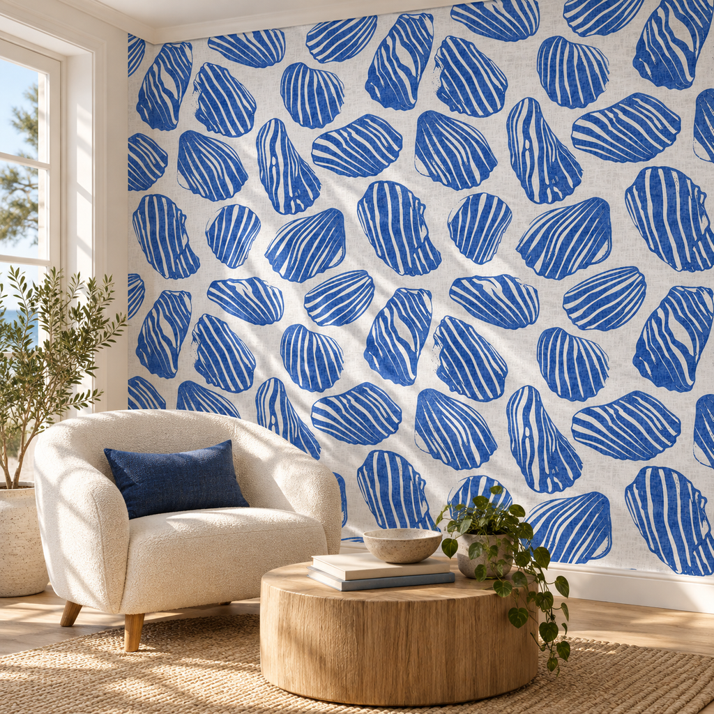 Shell Silhouettes, peel and stick wallpaper styled on a feature wall