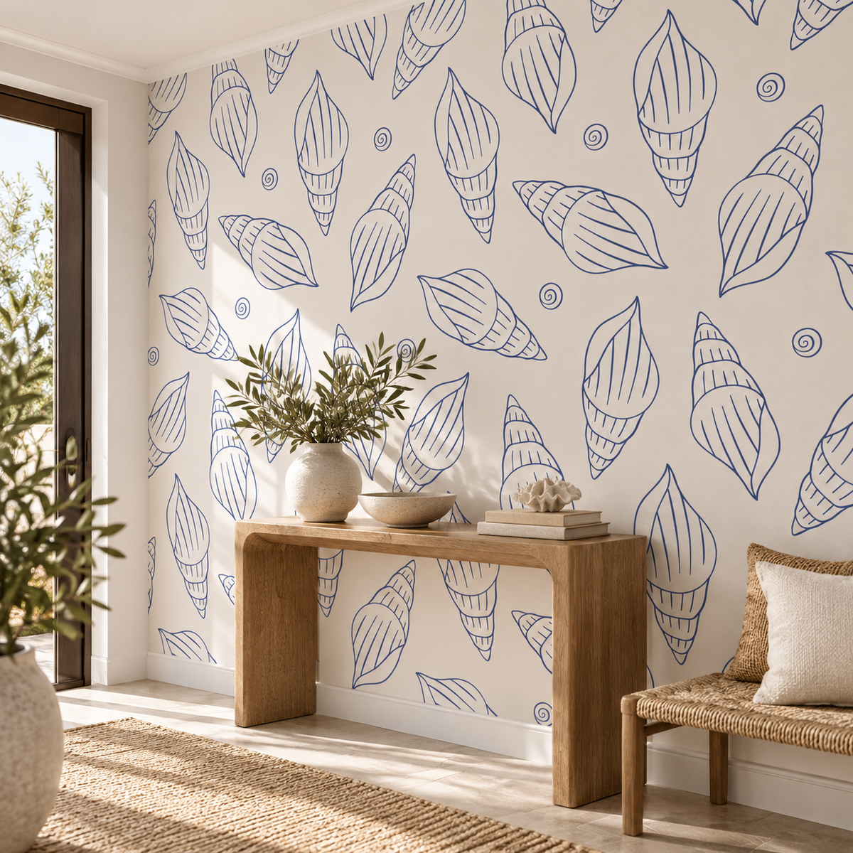 Shell Sketch, peel and stick wallpaper styled on a feature wall