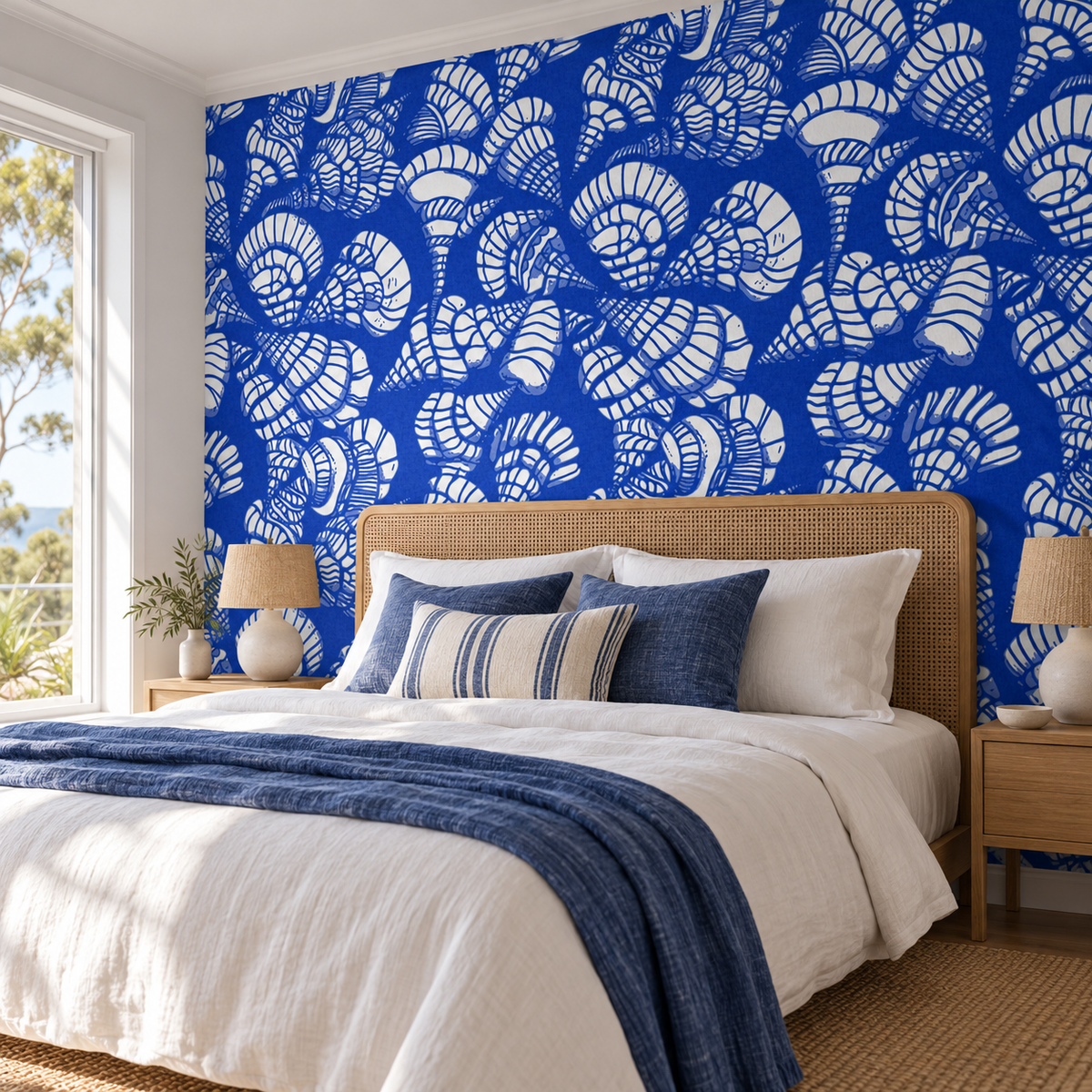 Shell Tapestry, peel and stick wallpaper styled on a feature wall