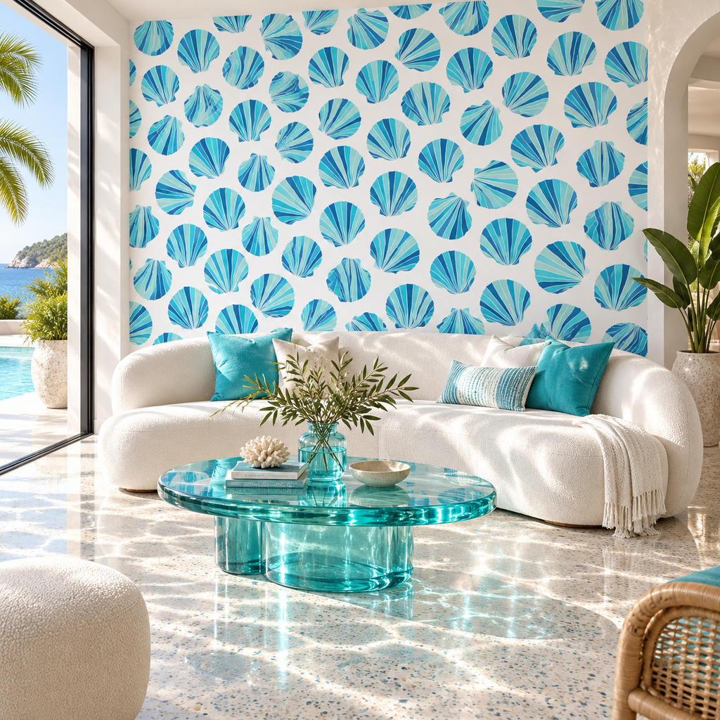 Aqua Shells peel and stick wallpaper styled on a feature wall