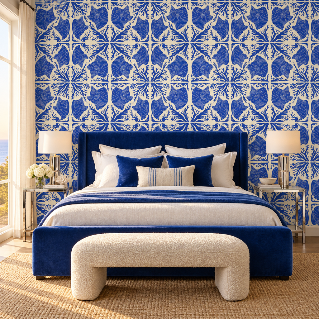 Azure Shells peel and stick wallpaper styled on a feature wall