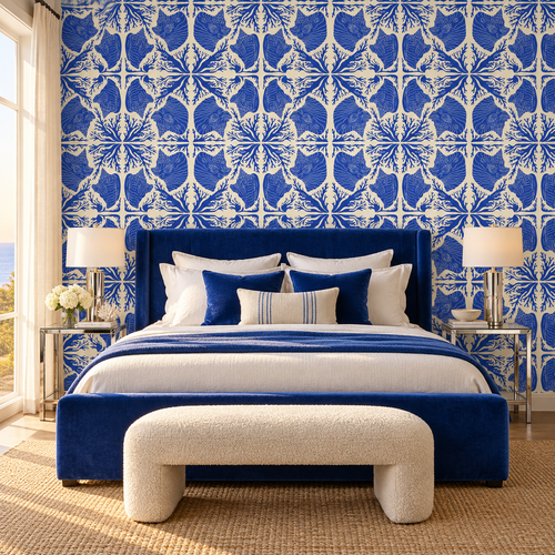 Azure Shells peel and stick wallpaper styled on a feature wall