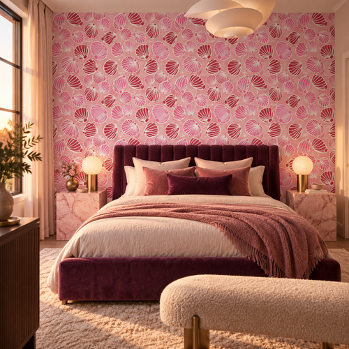 Blush Shells peel and stick wallpaper styled on a feature wall