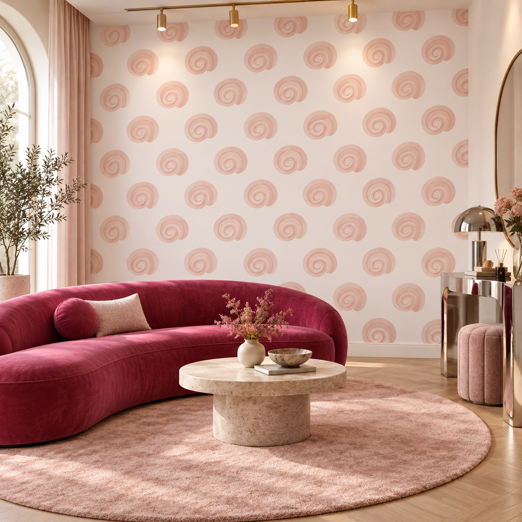 Blush Spirals peel and stick wallpaper styled on a feature wall