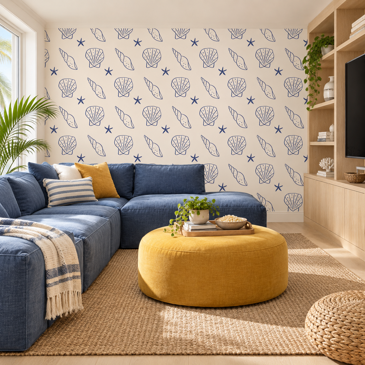 Coastal Doodles peel and stick wallpaper styled on a feature wall