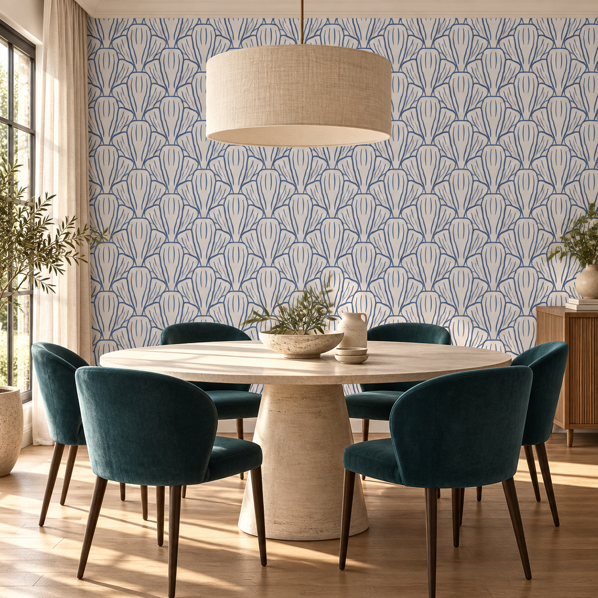 Coastal Fans peel and stick wallpaper styled on a feature wall