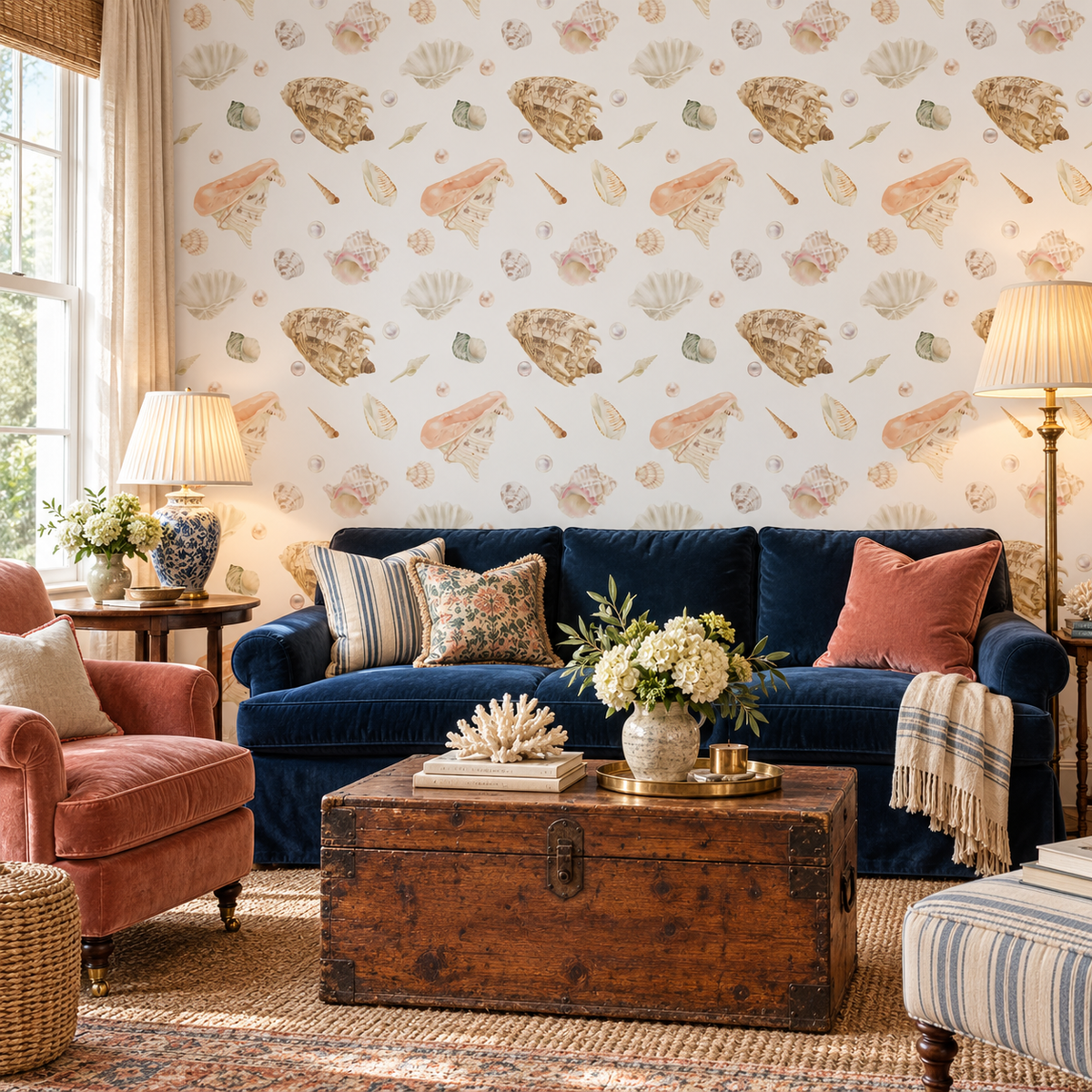 Coastal Keepsakes peel and stick wallpaper styled on a feature wall
