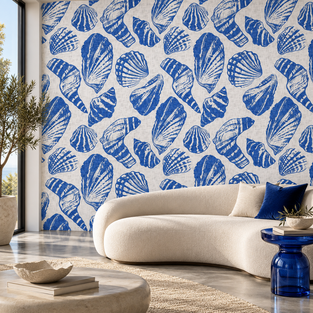 Ocean Shells, peel and stick wallpaper styled on a feature wall