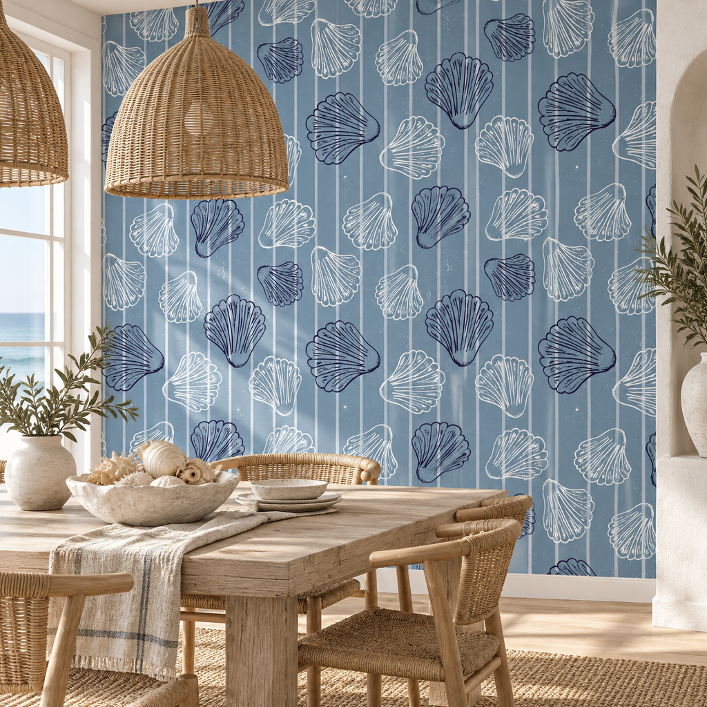 Shell Stripe, peel and stick wallpaper styled on a feature wall