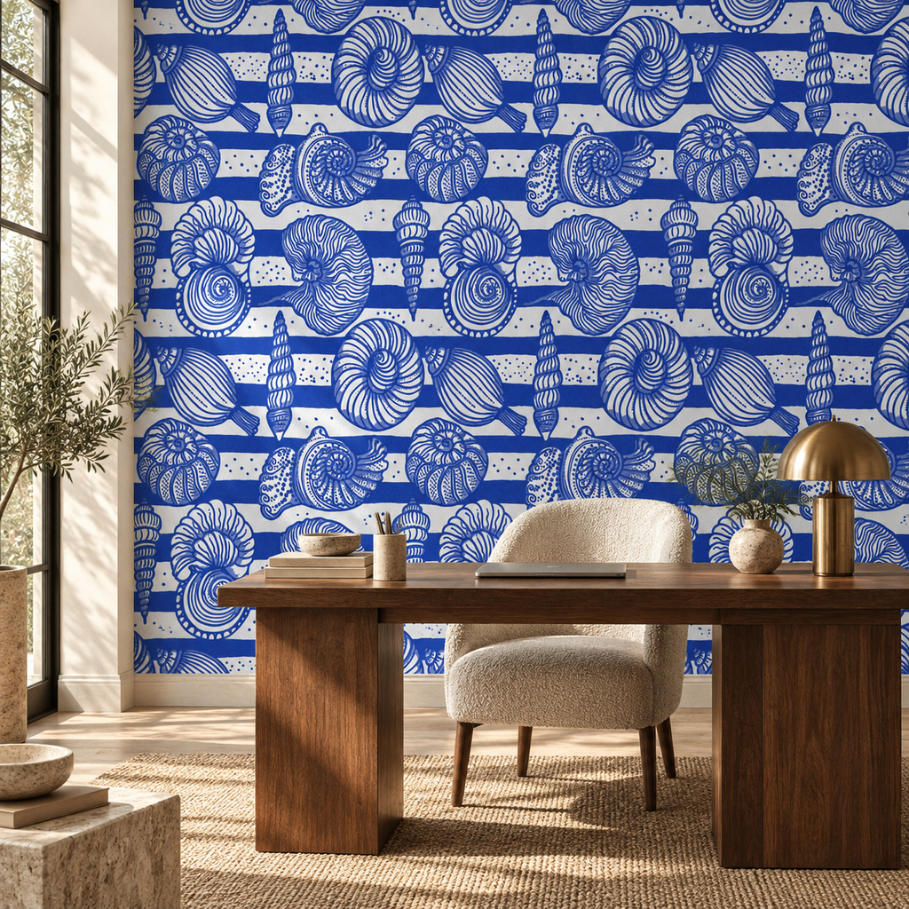 Coastal Strata peel and stick wallpaper styled on a feature wall