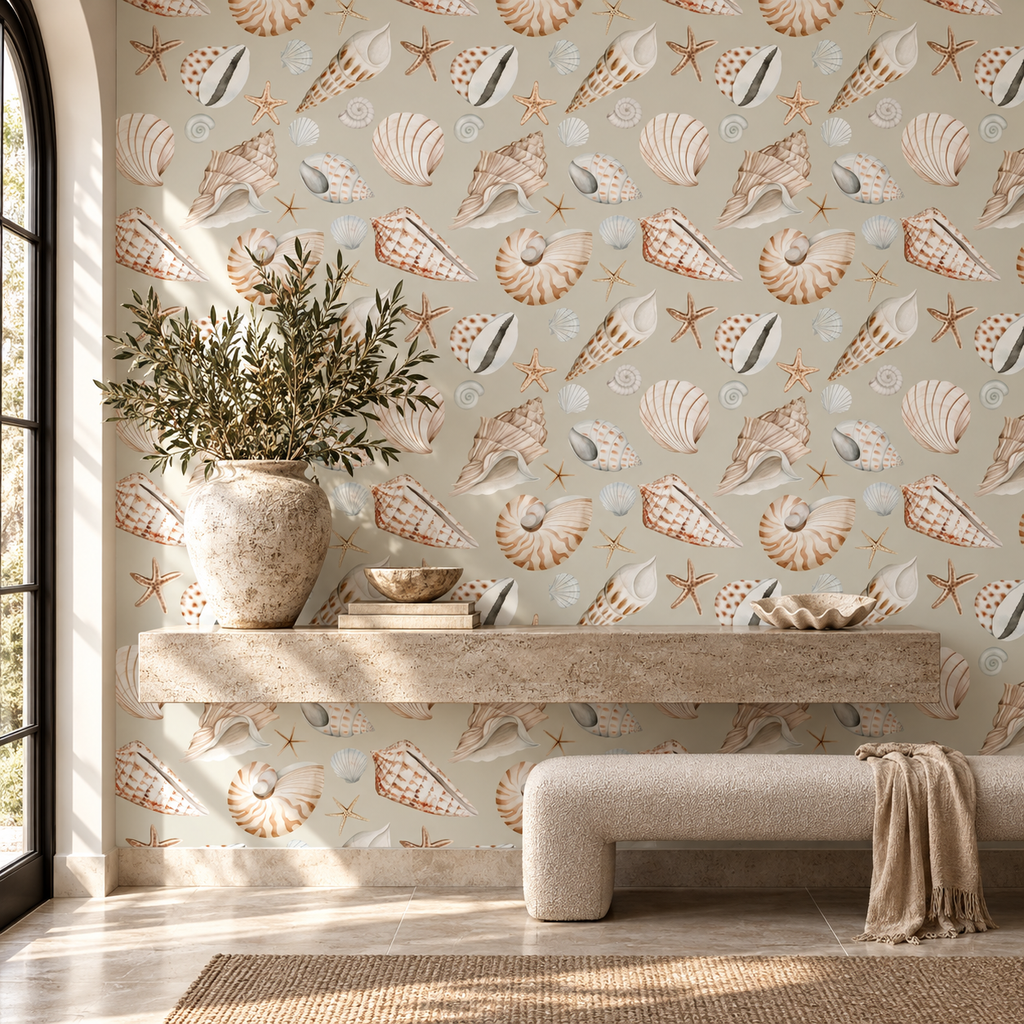 Coastal Treasures peel and stick wallpaper styled on a feature wall