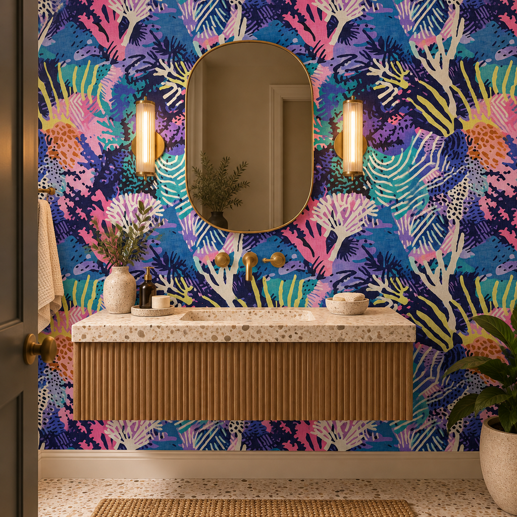 Coral Canopy peel and stick wallpaper styled on a feature wall