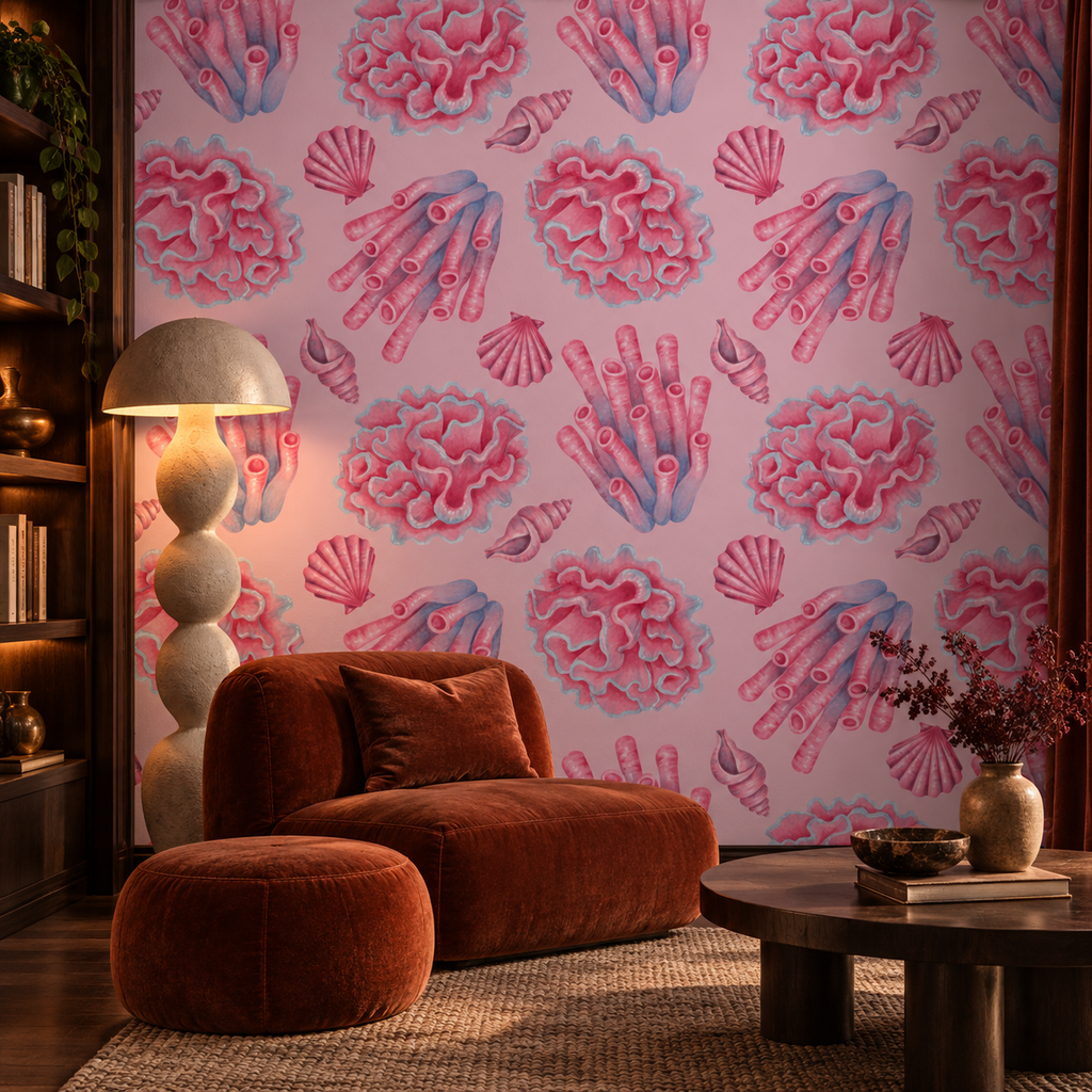 Coral Dreams peel and stick wallpaper styled on a feature wall