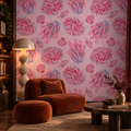 Coral Dreams peel and stick wallpaper styled on a feature wall