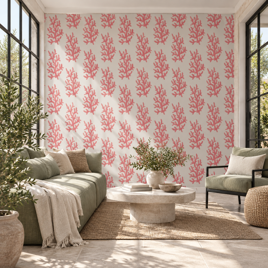 Coral Garden peel and stick wallpaper styled on a feature wall