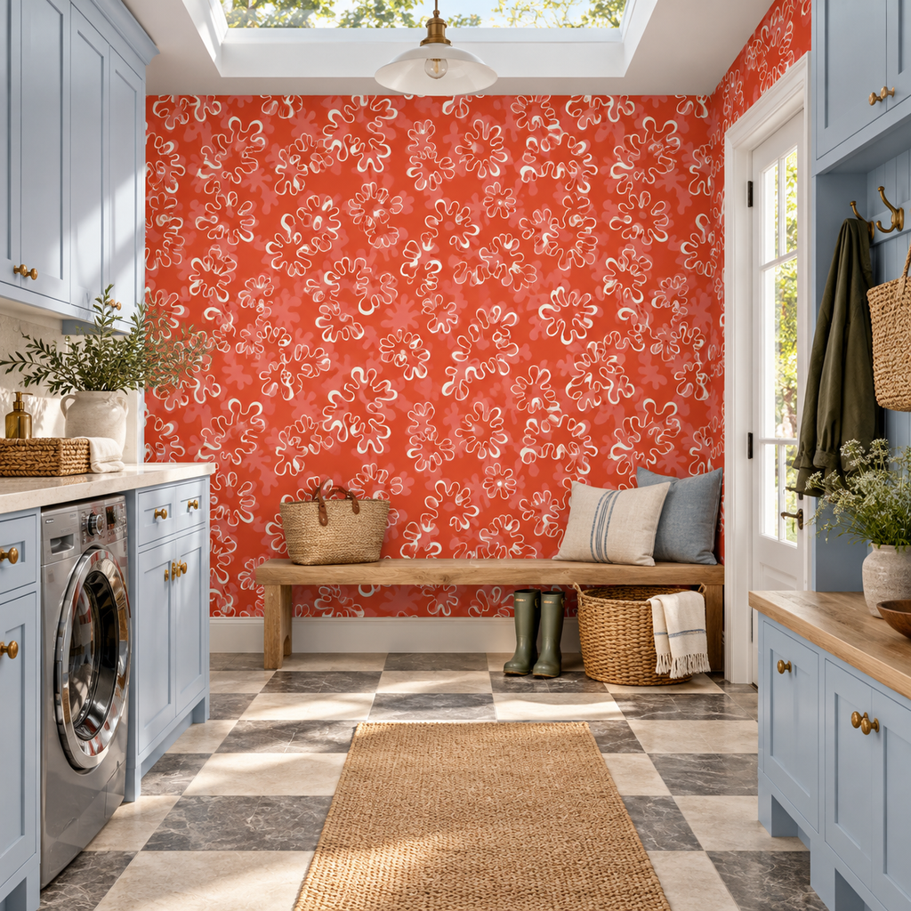Coral Splash peel and stick wallpaper styled on a feature wall
