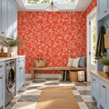 Coral Splash peel and stick wallpaper styled on a feature wall