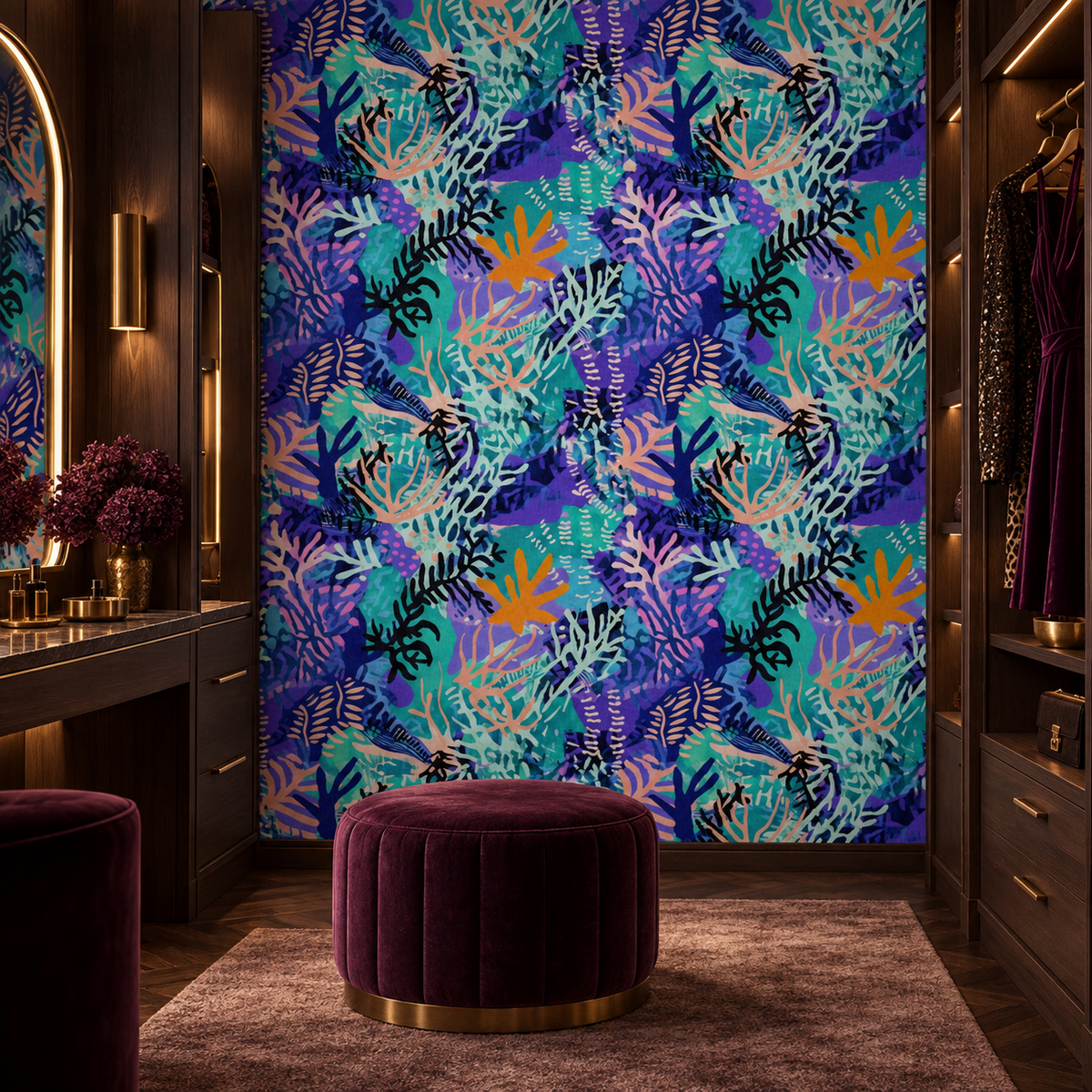 Coral Twilight peel and stick wallpaper styled on a feature wall