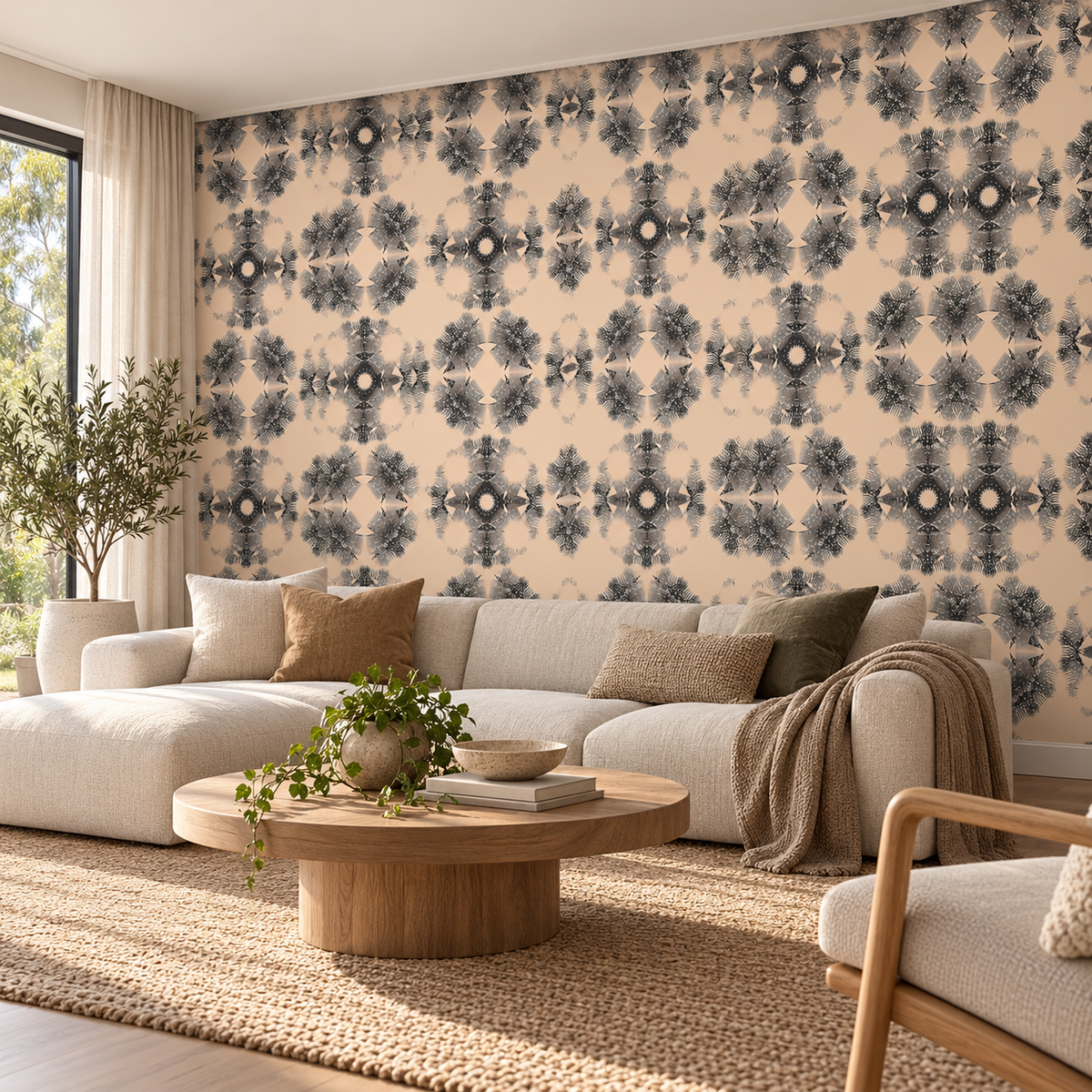 Shibori Grid, peel and stick wallpaper styled on a feature wall