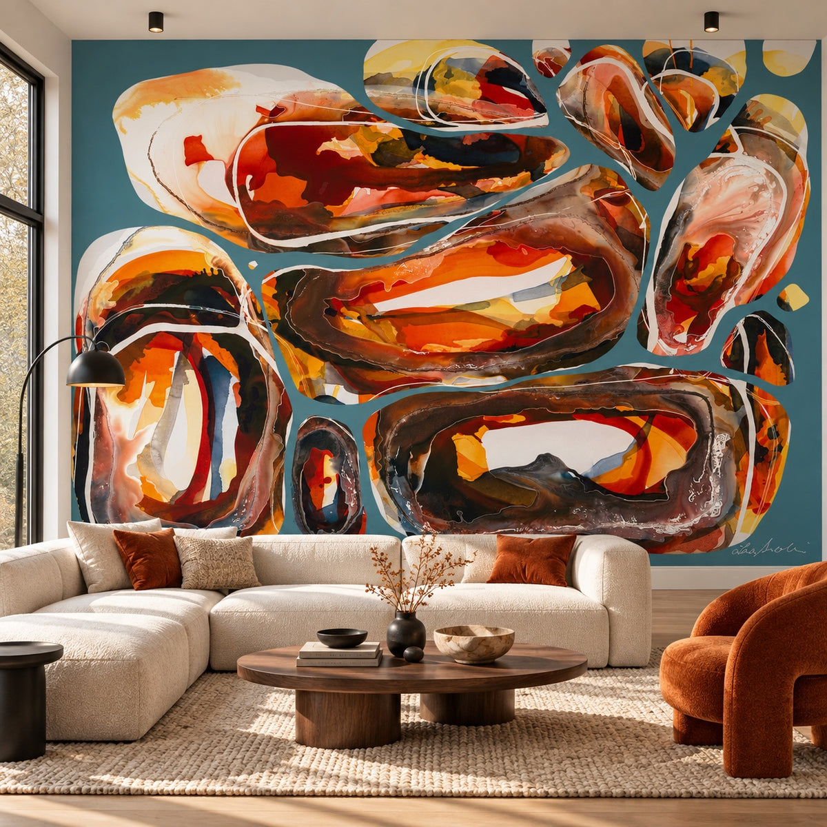 Shifting Stones mural by Lara Scolari, peel and stick wallpaper styled in a room