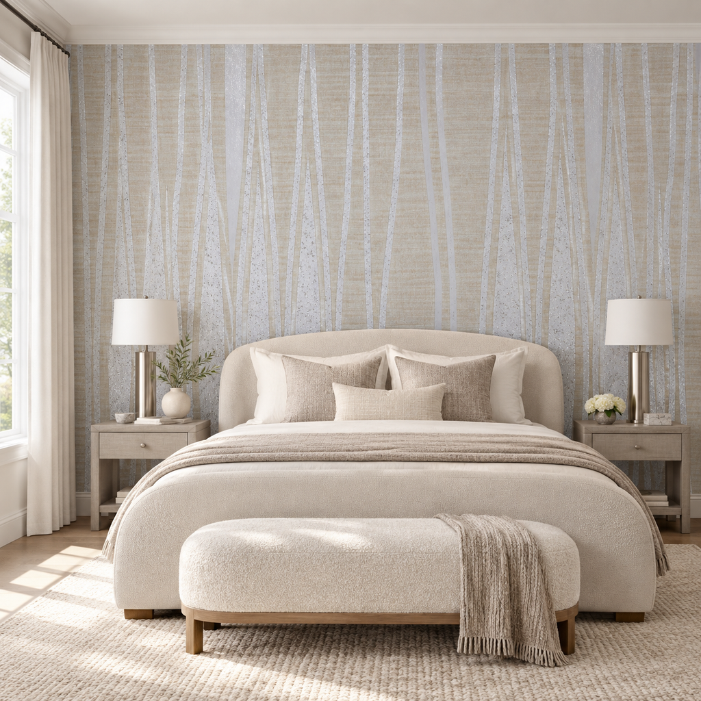 Shimmered Strands, peel and stick wallpaper styled on a feature wall