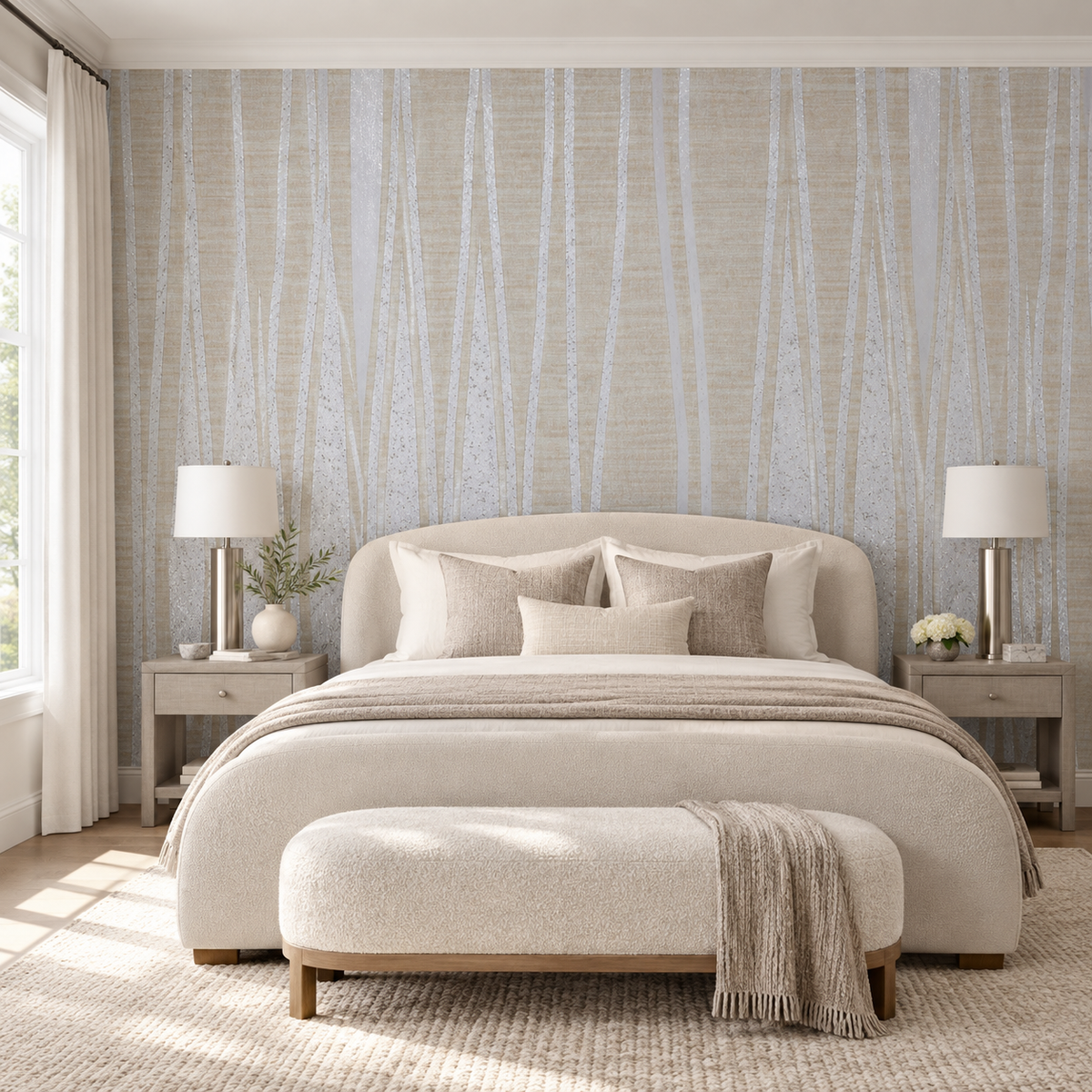 Shimmered Strands, peel and stick wallpaper styled on a feature wall