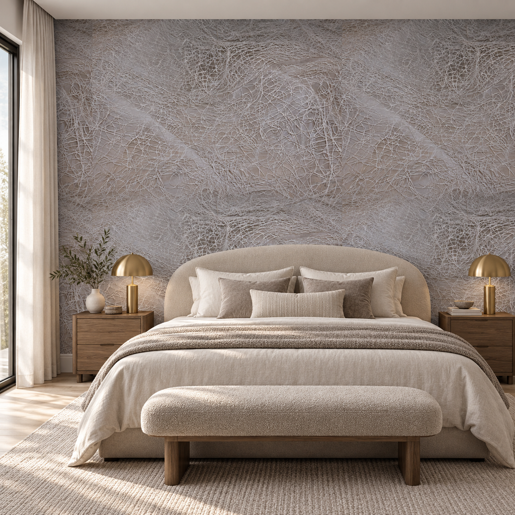 Silk Threads, peel and stick wallpaper styled on a feature wall