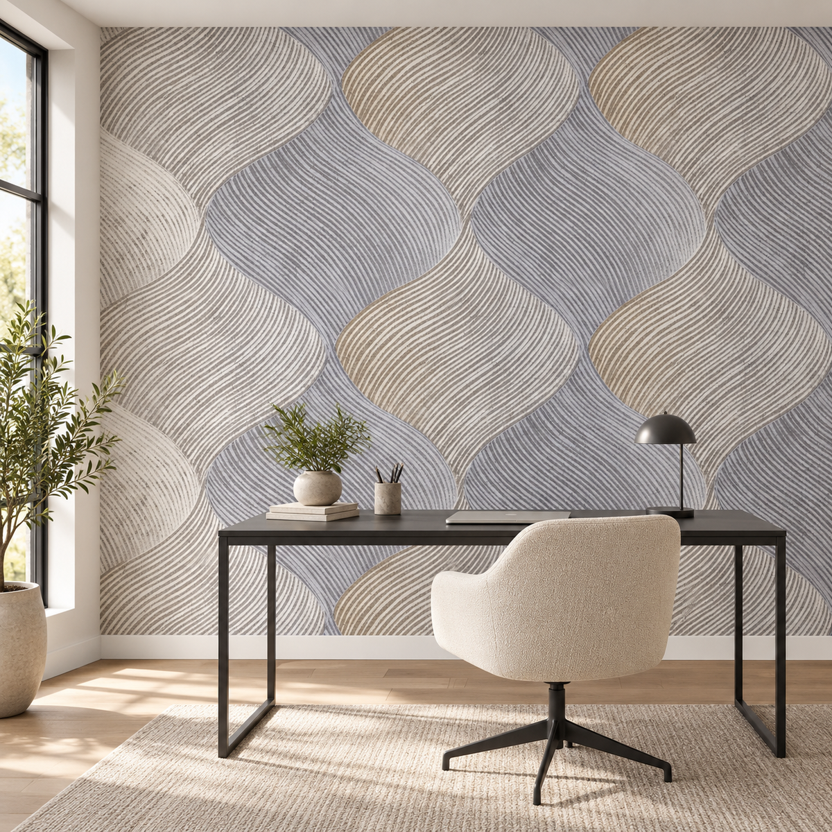 Silver Contour, peel and stick wallpaper styled on a feature wall