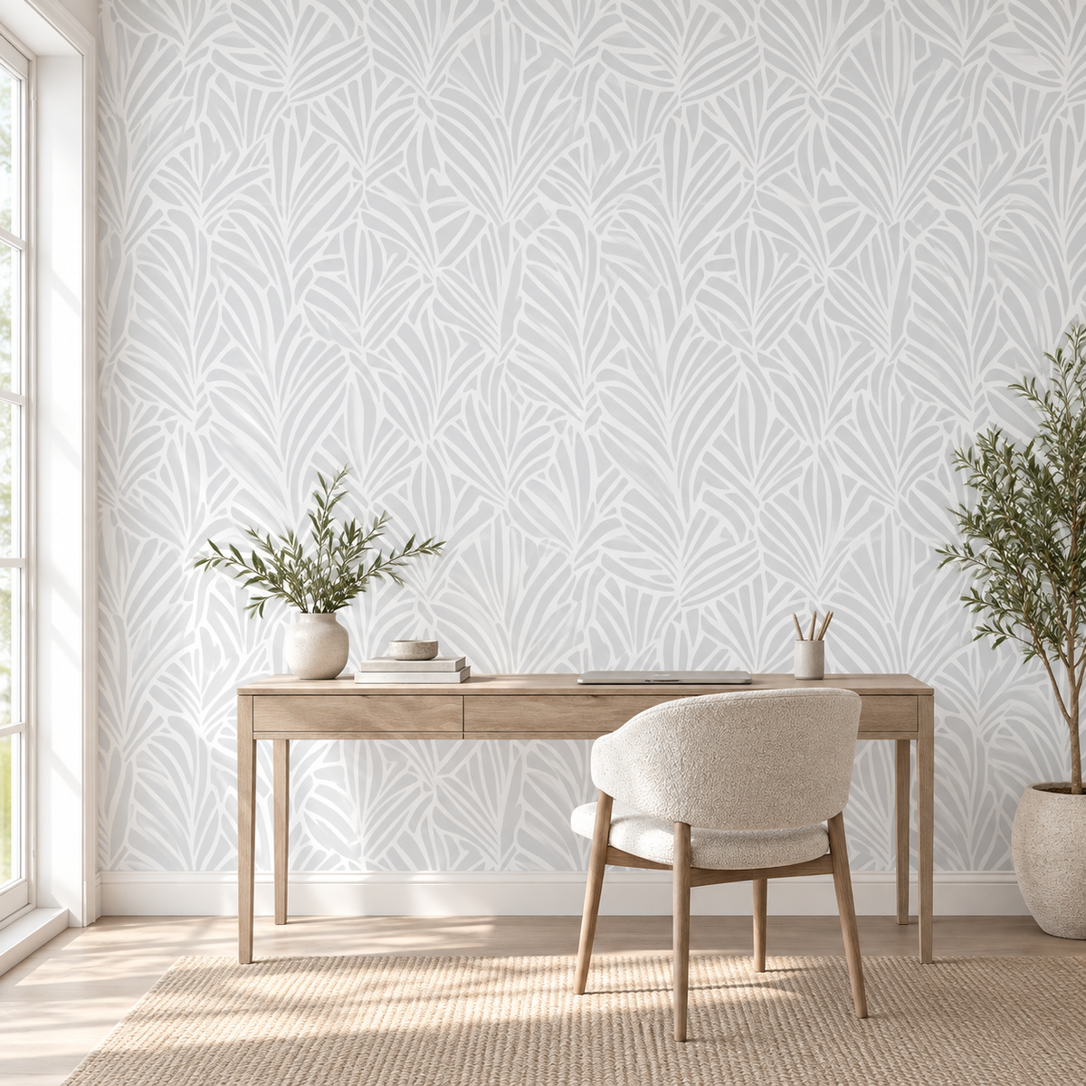 Silver Fronds, peel and stick wallpaper styled on a feature wall