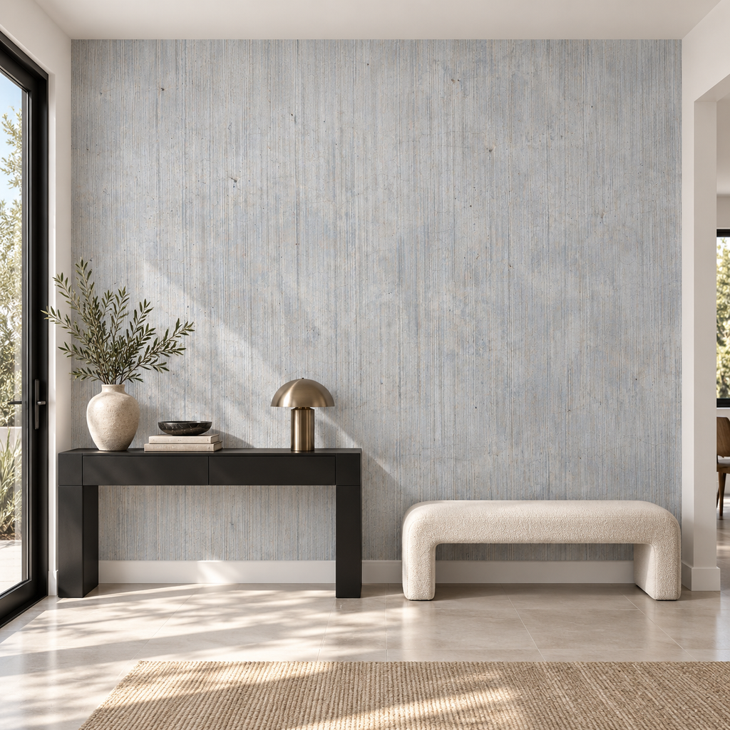 Silver Grain, peel and stick wallpaper styled on a feature wall
