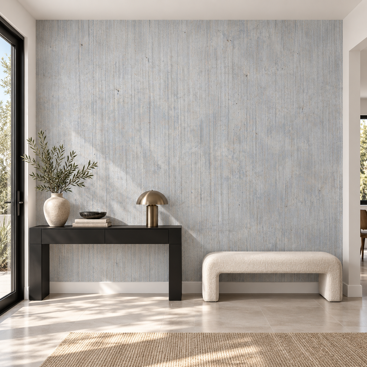 Silver Grain, peel and stick wallpaper styled on a feature wall