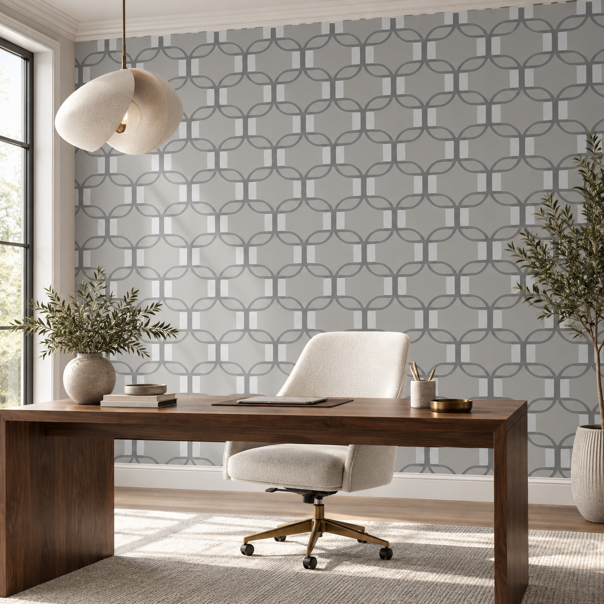 Silver Links, peel and stick wallpaper styled on a feature wall