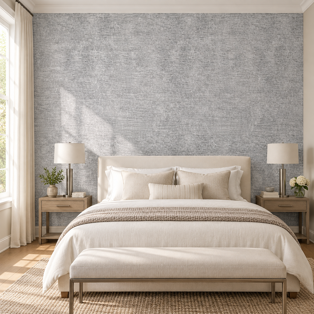 Silver Mist, peel and stick wallpaper styled on a feature wall