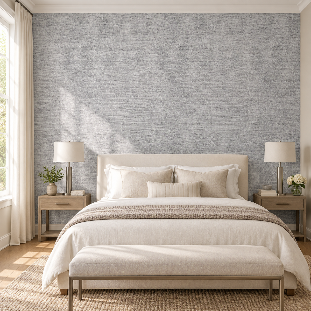 Silver Mist, peel and stick wallpaper styled on a feature wall
