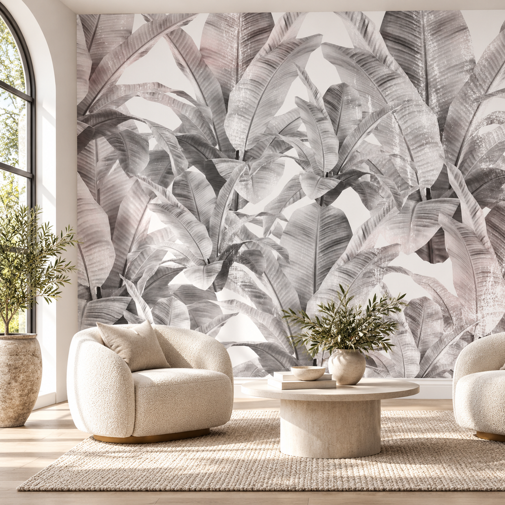 Silver Palms, peel and stick wallpaper styled on a feature wall