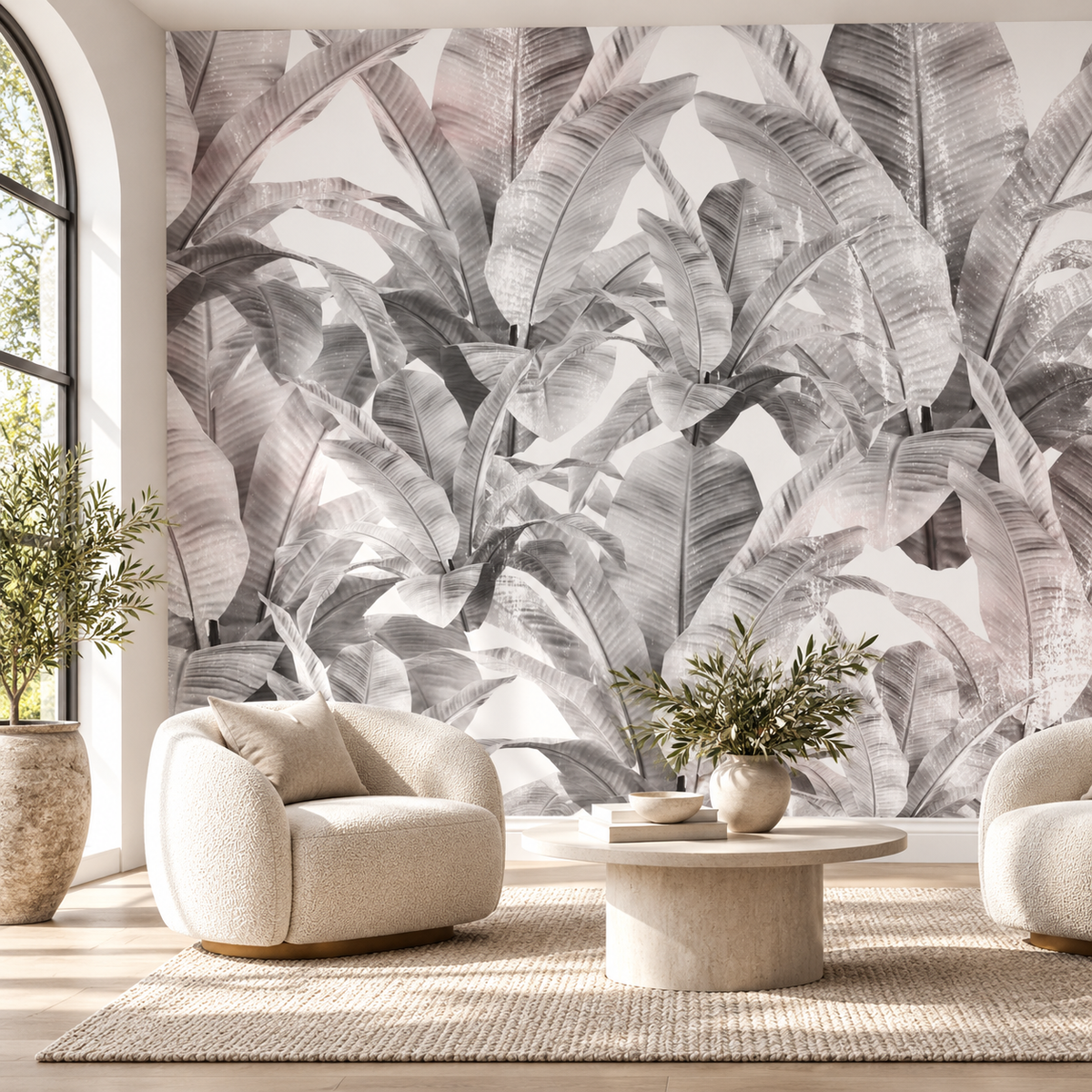 Silver Palms, peel and stick wallpaper styled on a feature wall