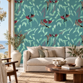 Silver Princess & Wattlebird in Cornflower by Trudy Rice, peel and stick wallpaper styled on a feature wall