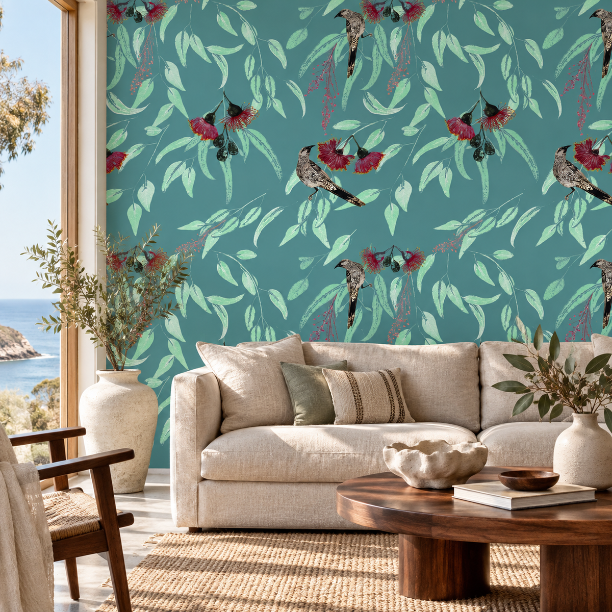 Silver Princess & Wattlebird in Cornflower by Trudy Rice, peel and stick wallpaper styled on a feature wall