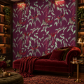 Silver Princess & Wattlebird in Garnet by Trudy Rice, peel and stick wallpaper styled on a feature wall