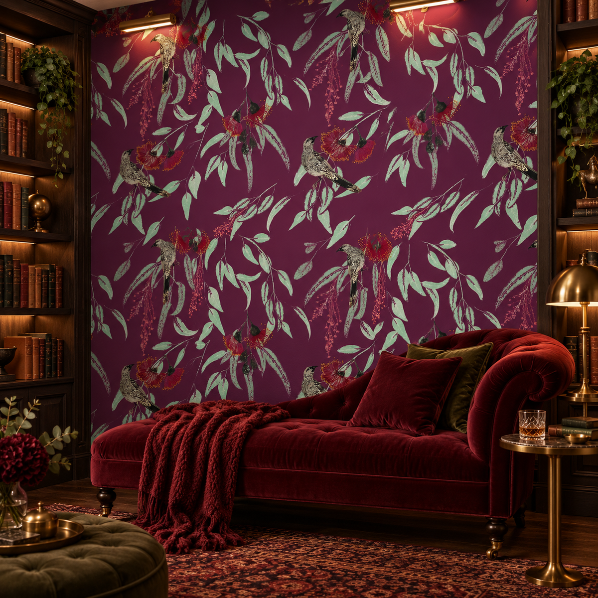 Silver Princess & Wattlebird in Garnet by Trudy Rice, peel and stick wallpaper styled on a feature wall
