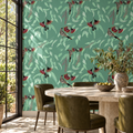 Silver Princess & Wattlebird in Grey Green by Trudy Rice, peel and stick wallpaper styled on a feature wall