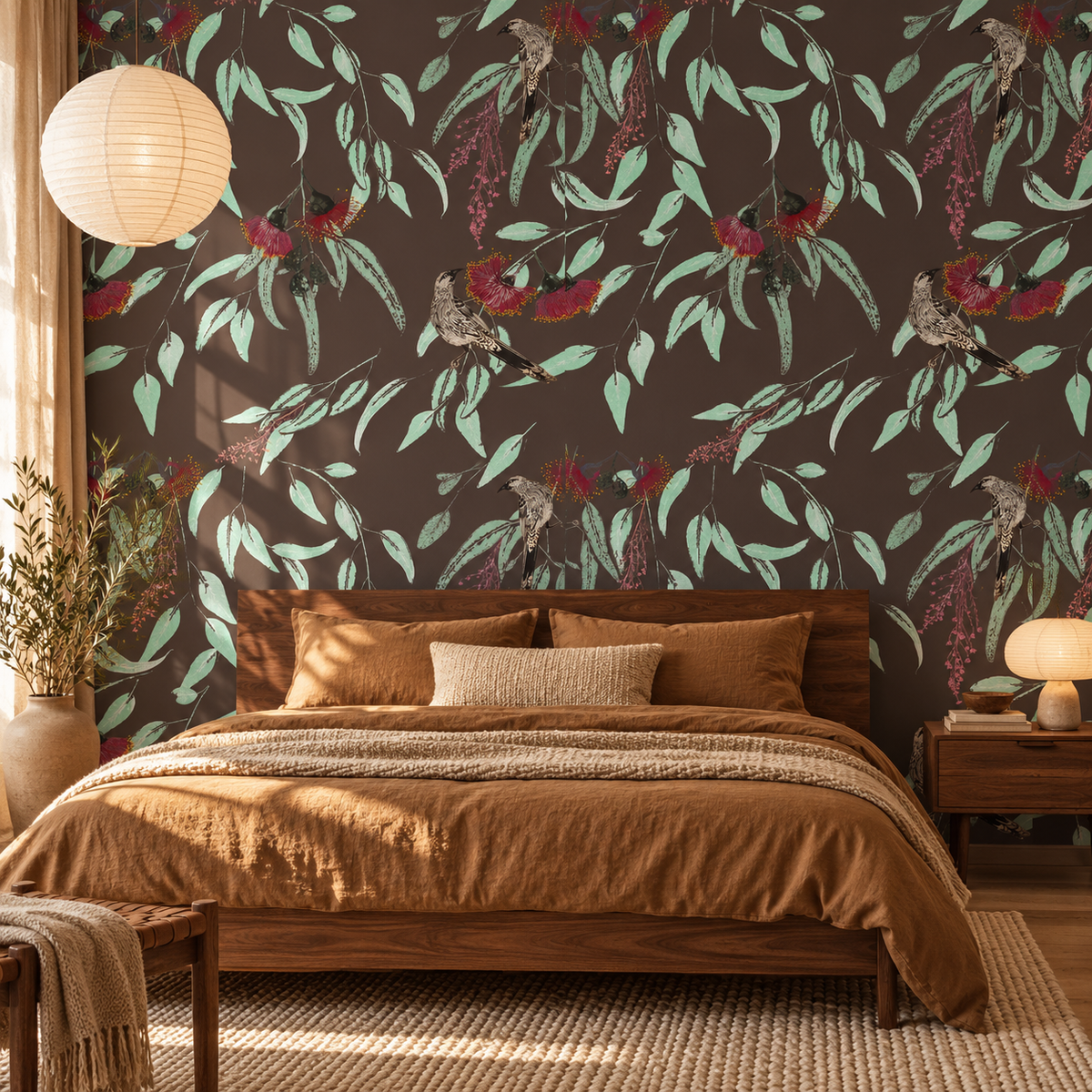 Silver Princess & Wattlebird in Mocha by Trudy Rice, peel and stick wallpaper styled on a feature wall