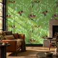 Silver Princess & Wattlebird in Olive by Trudy Rice, peel and stick wallpaper styled on a feature wall