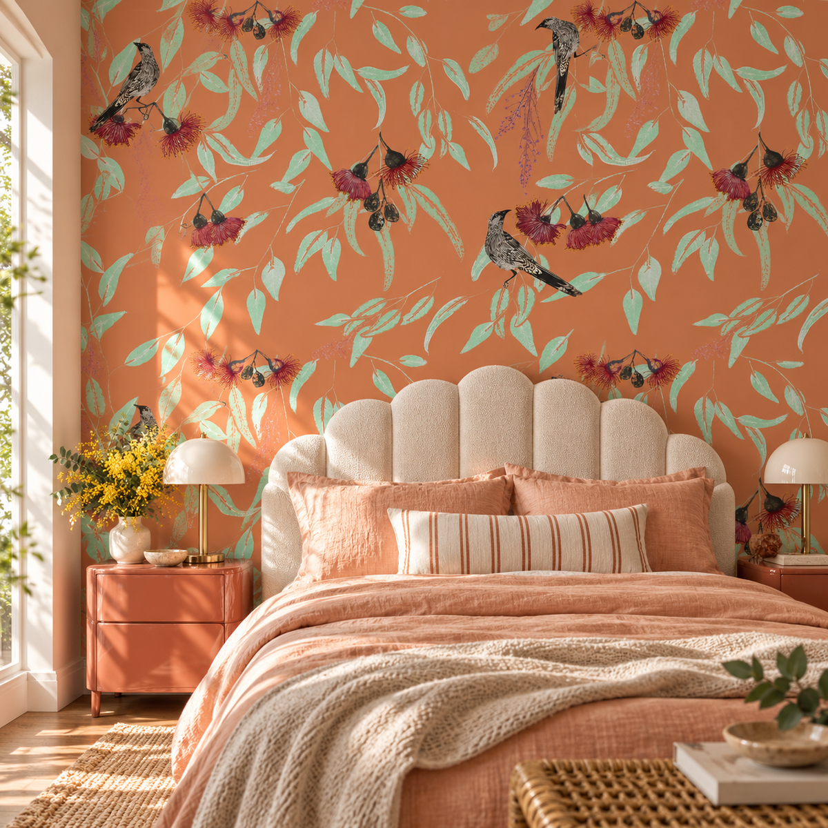 Silver Princess & Wattlebird in Peach by Trudy Rice, peel and stick wallpaper styled on a feature wall